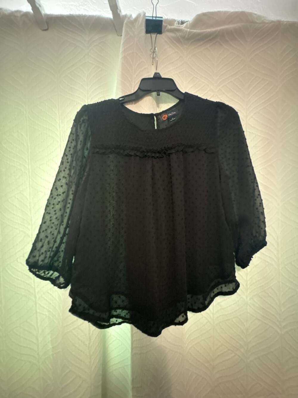 Indigo Poppy Black Clip Dot Sheer Ruffle Yoke Blouse Size L